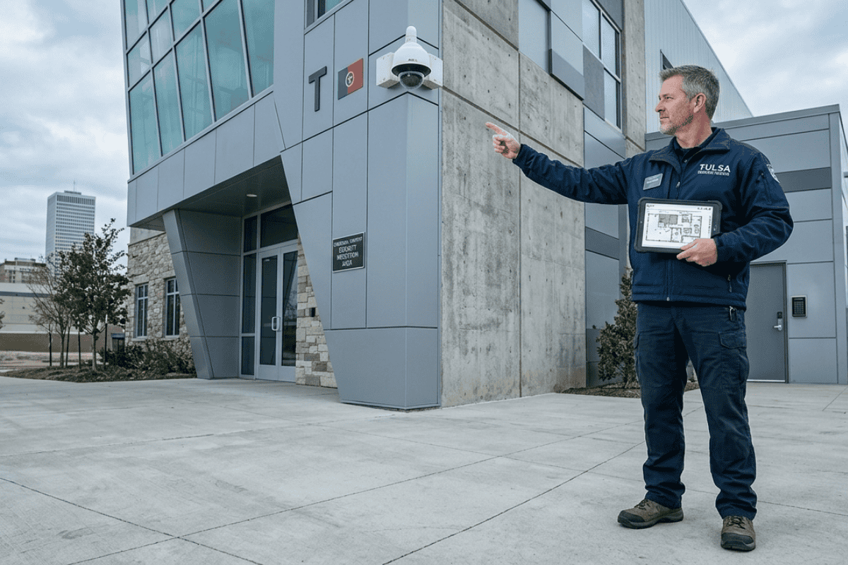 Maintenance technician in navy workwear points toward a modern building while holding a tablet with a floor plan.