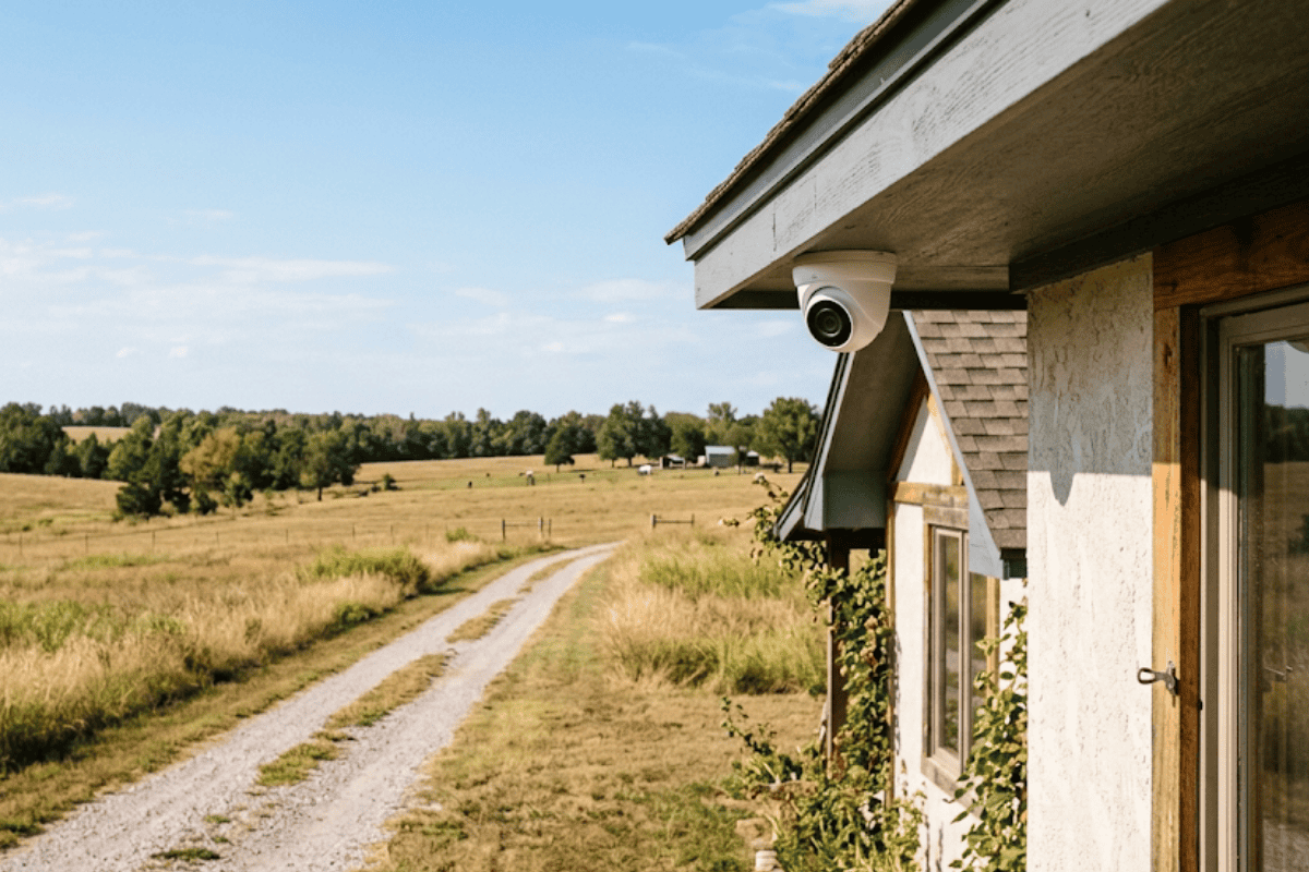 Security camera mounted under the eave of a white house overlooking a gravel driveway and open fields.