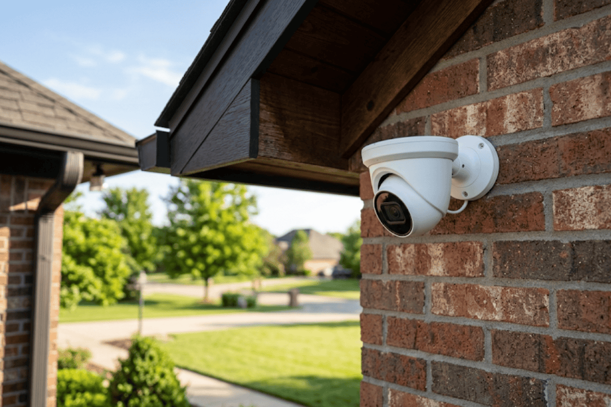 Outdoor security camera mounted on a brick wall under an overhang, overlooking a suburban yard.