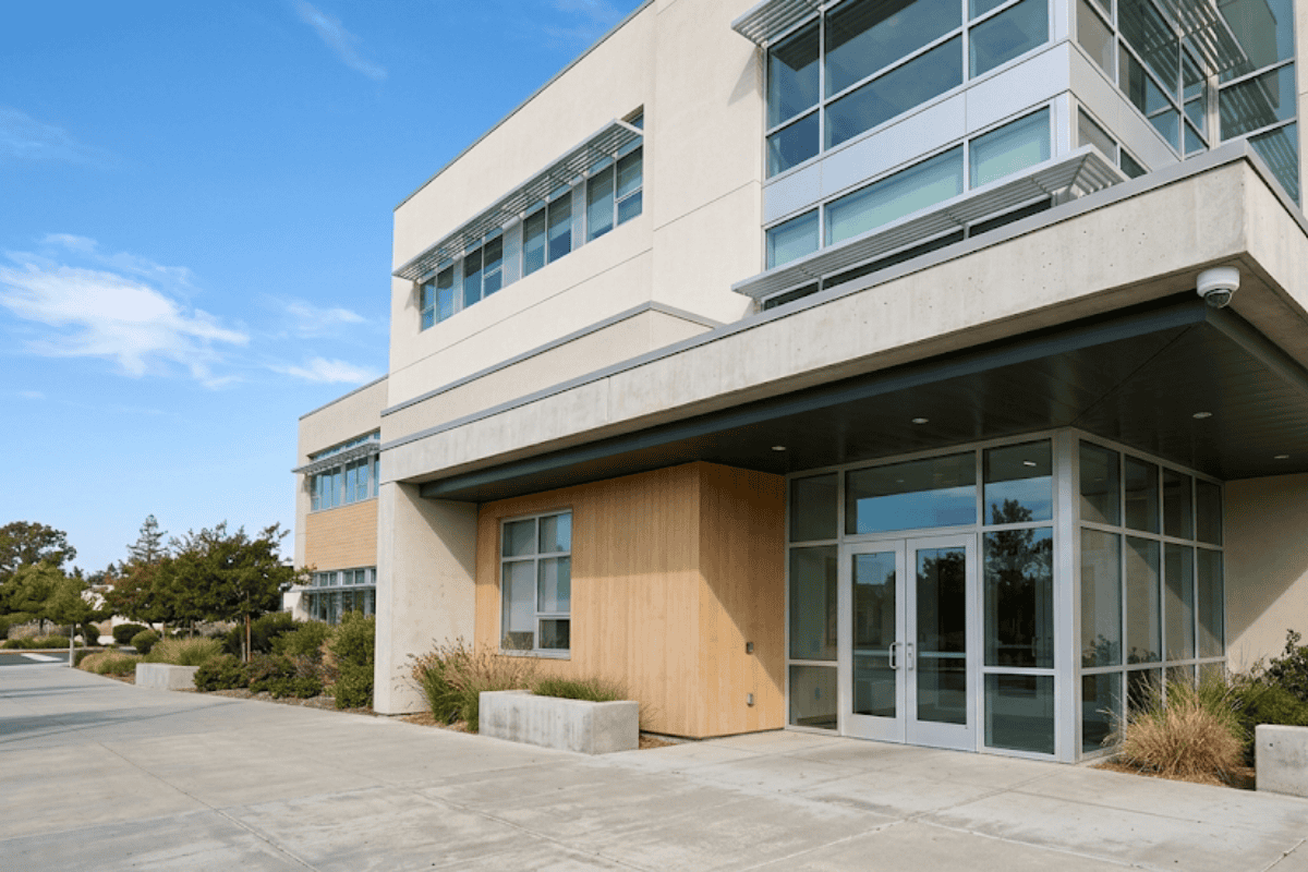 Modern office building with glass doors and metal awnings, beige concrete exterior, and landscaped entryway.