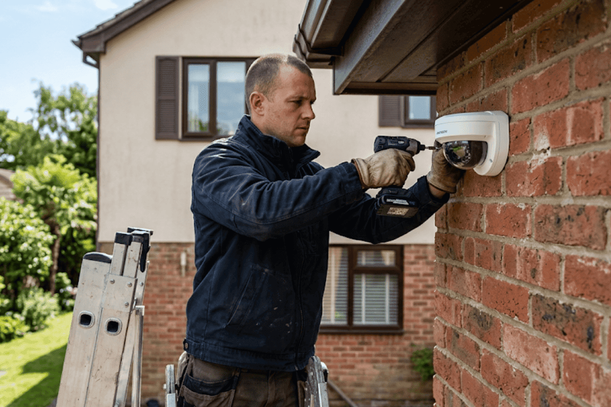 Installer mounting a white security camera to a brick exterior wall using a drill, standing on a ladder outside a house.