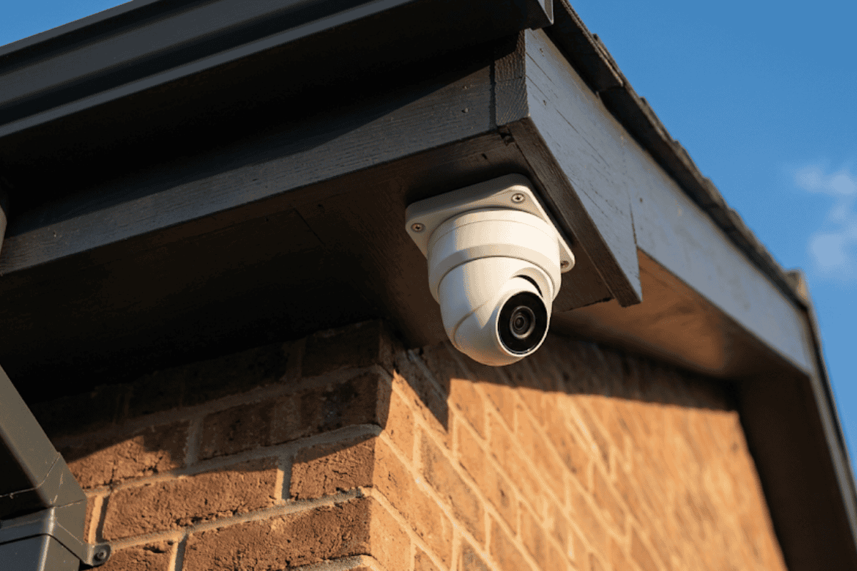 Dome-shaped outdoor security camera mounted under the roof overhang on a brick wall?likely near eave.