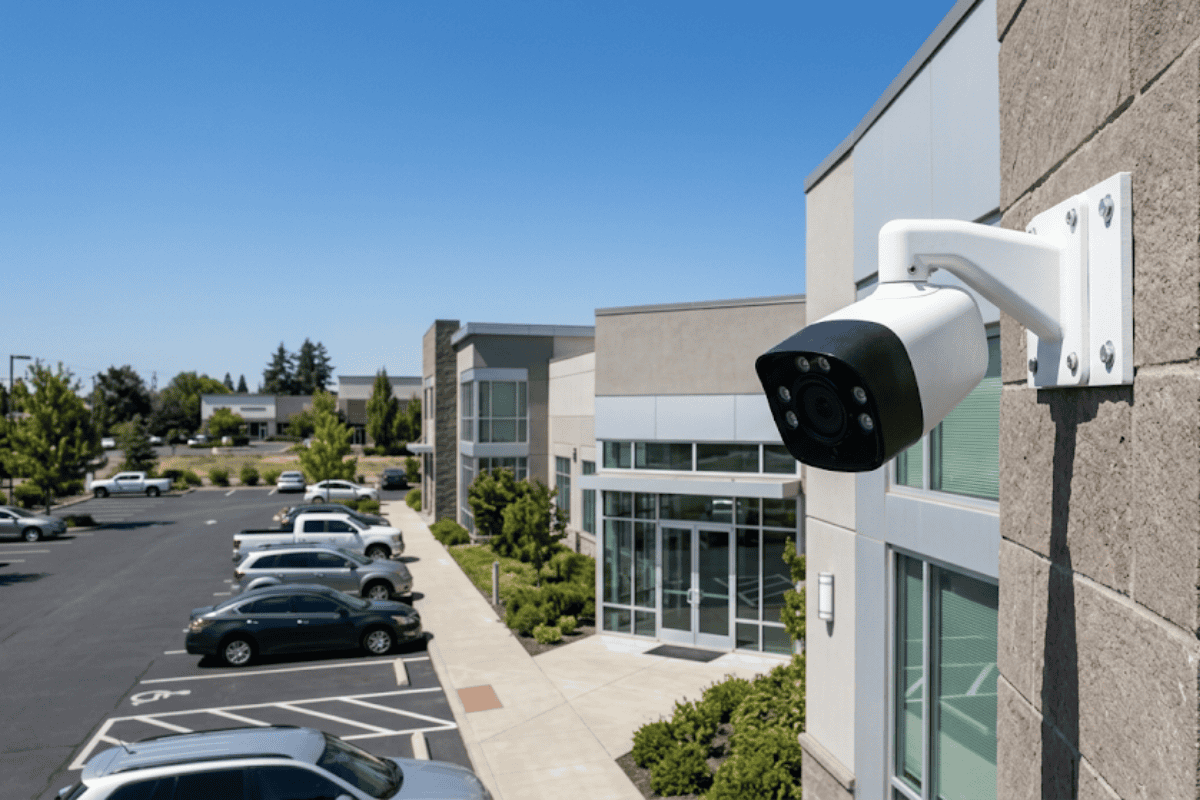 Exterior security camera mounted on a brick wall overlooking a parking lot at a modern office complex.