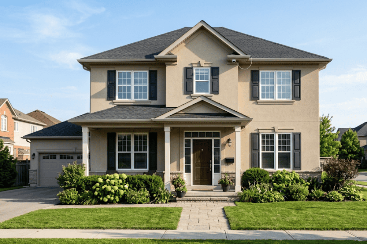 Two-story beige suburban house with dark shutters, a covered front porch, and a landscaped front yard.